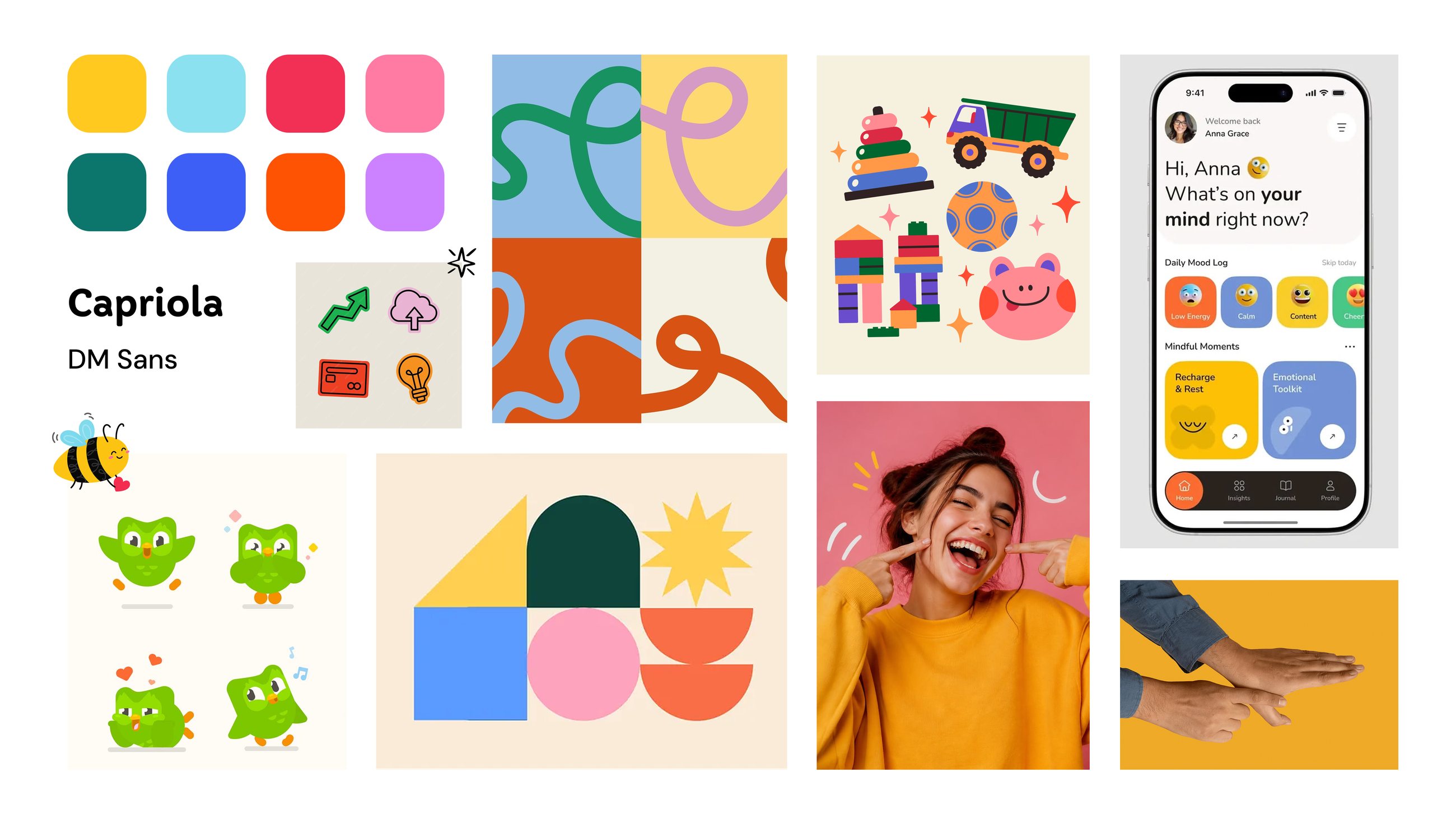 Moodboard: pop palette, Capriola and DM Sans typefaces, illustrations, bee mascot