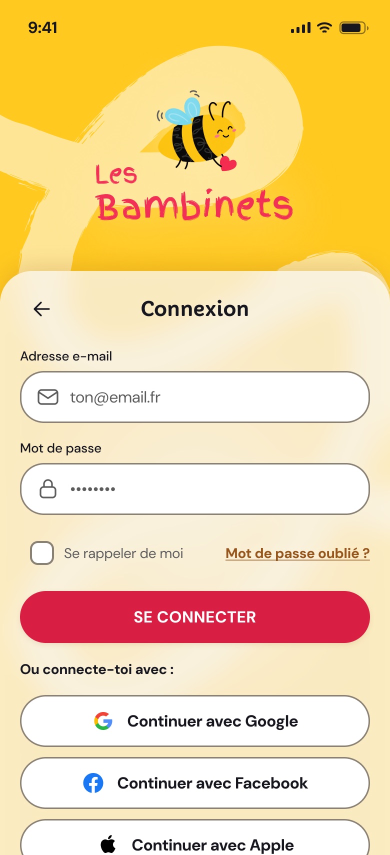 The Les Bambinets app screens: launch, onboarding, home, glossary, quiz, FAQ and profile