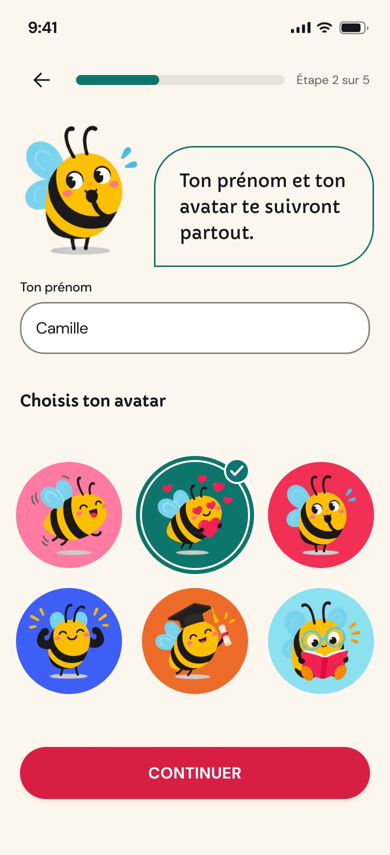 The Les Bambinets app screens: launch, onboarding, home, glossary, quiz, FAQ and profile