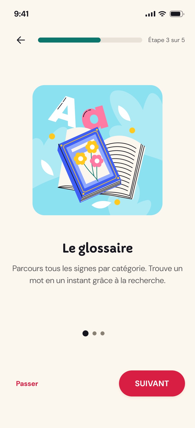 The Les Bambinets app screens: launch, onboarding, home, glossary, quiz, FAQ and profile
