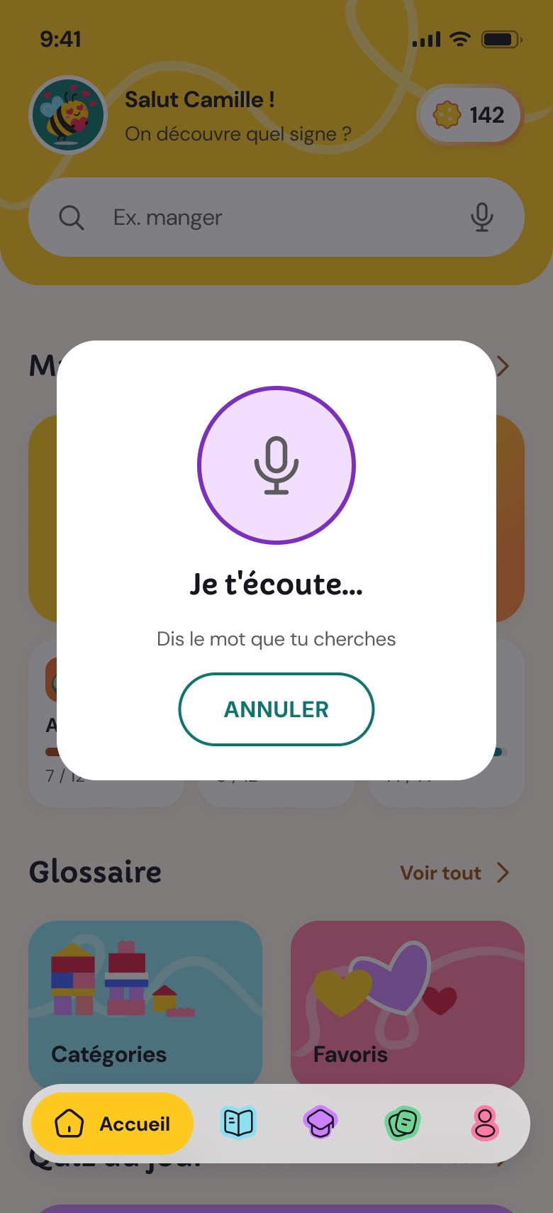 The Les Bambinets app screens: launch, onboarding, home, glossary, quiz, FAQ and profile