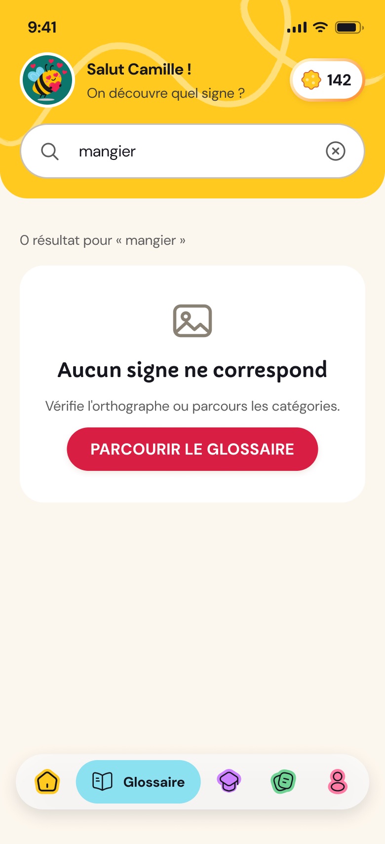 The Les Bambinets app screens: launch, onboarding, home, glossary, quiz, FAQ and profile