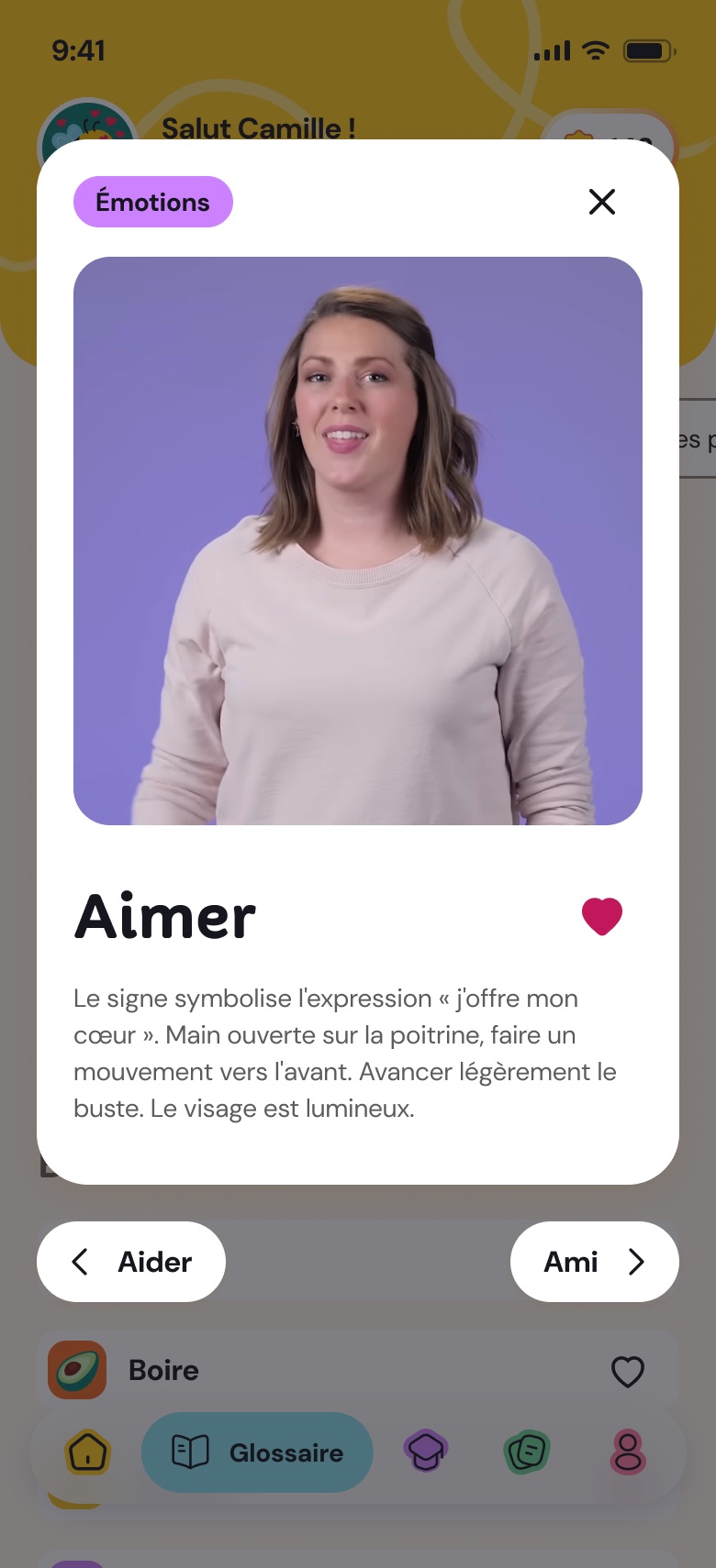 The Les Bambinets app screens: launch, onboarding, home, glossary, quiz, FAQ and profile