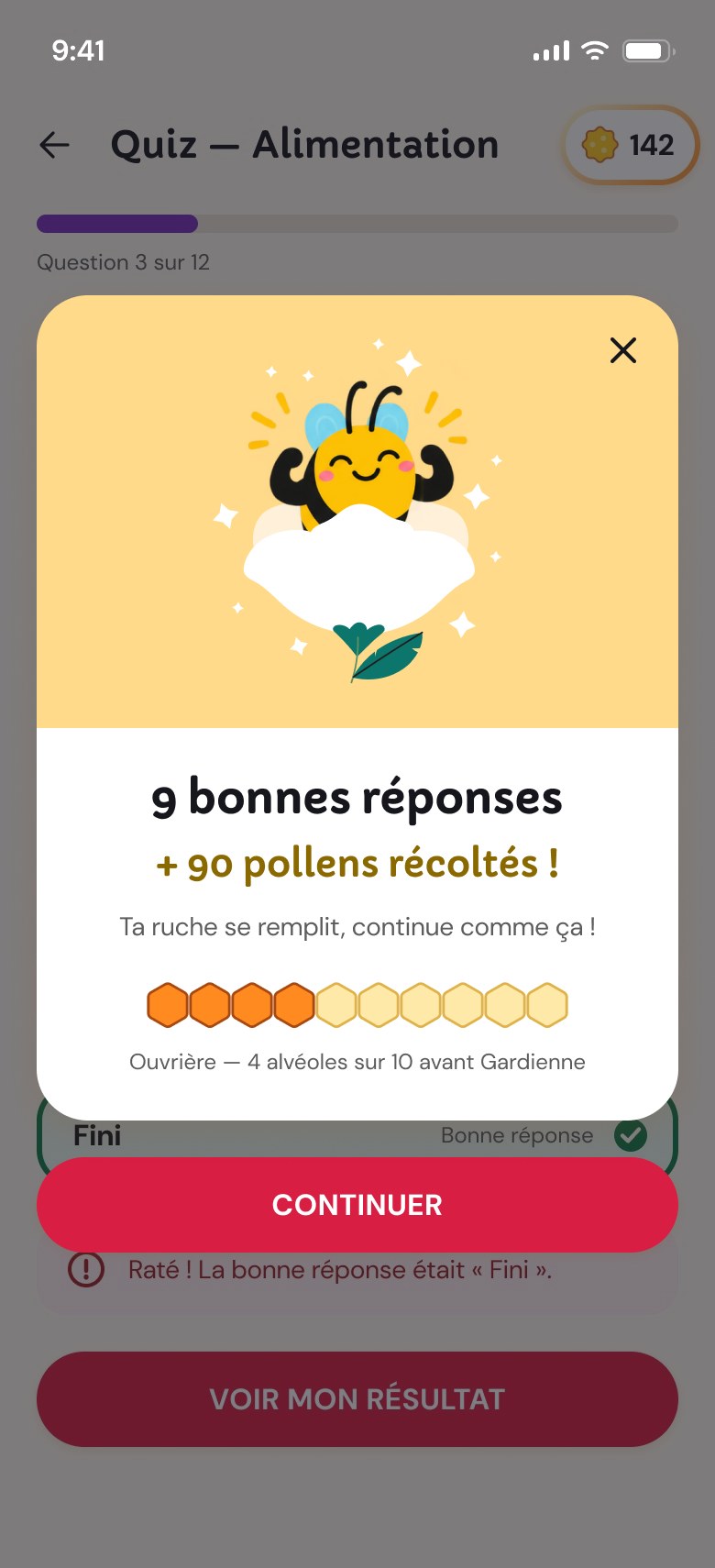 The Les Bambinets app screens: launch, onboarding, home, glossary, quiz, FAQ and profile