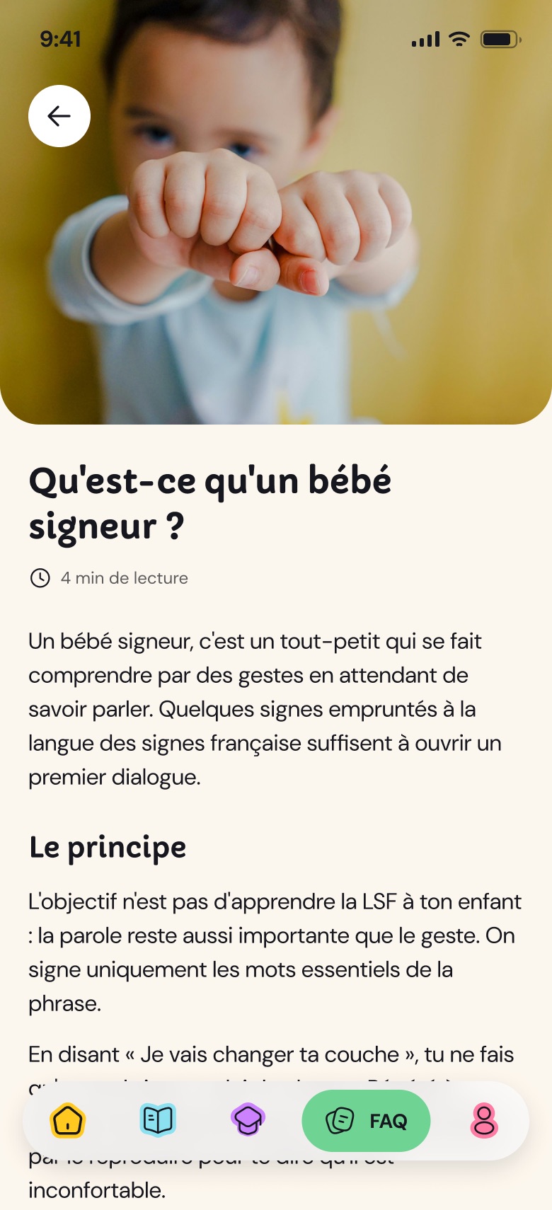 The Les Bambinets app screens: launch, onboarding, home, glossary, quiz, FAQ and profile