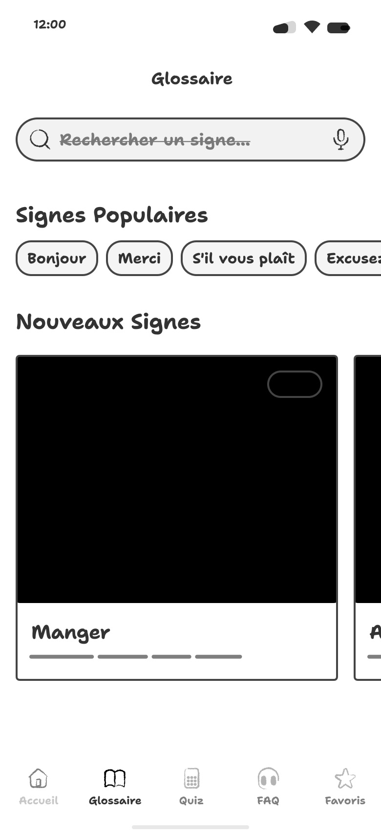 Starting wireframe of the glossary, in black and white