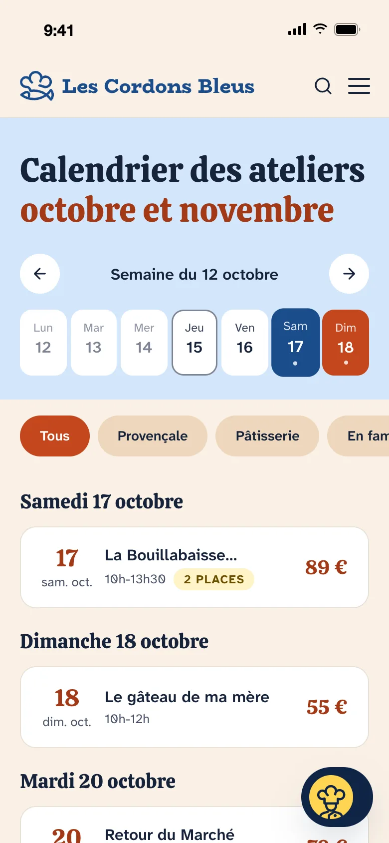 The workshop calendar on mobile