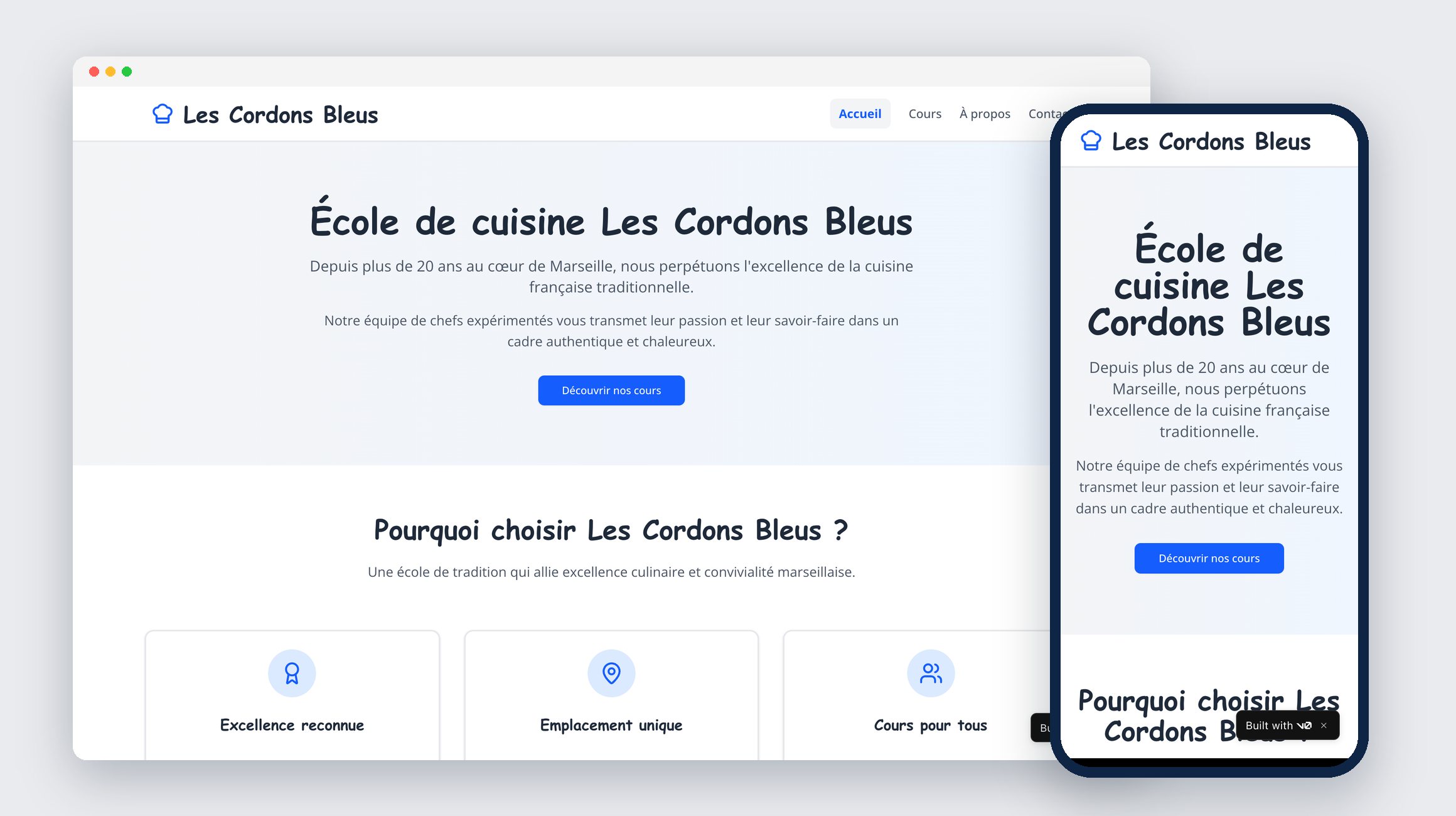 The school's original website on desktop and on mobile, with no menu