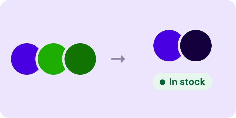 Before, purple and two greens; after, purple and midnight blue, green only for the In stock badge