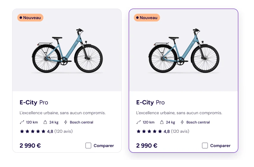 The Product Card component: side-view photo, name, tagline, range, weight and motor, rating, final price and Compare box, at rest and on hover