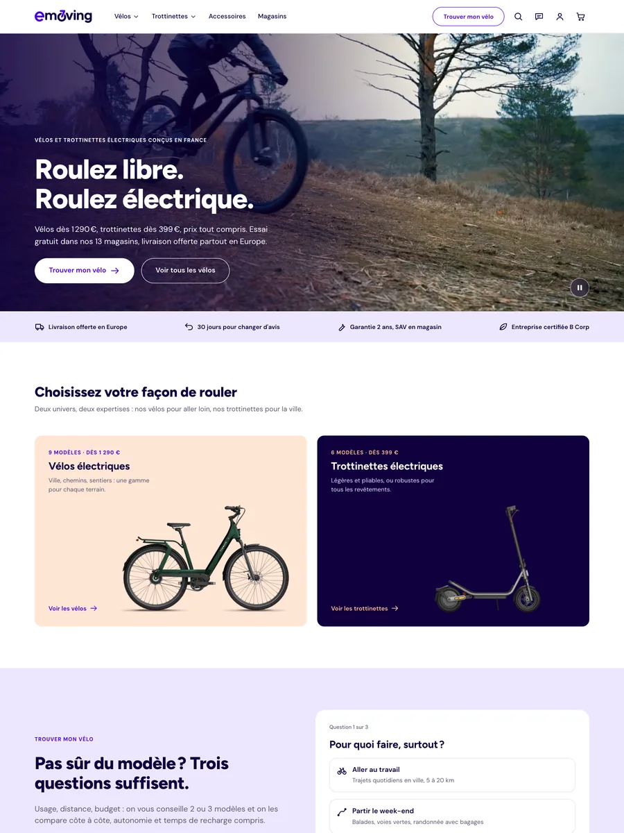 Home page of the coded Emoving site: video header with the new logo, bike and scooter universes, then “Find my bike”
