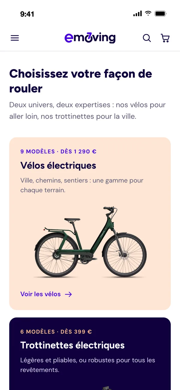 The home page on mobile: E-bikes and E-scooters, two separate worlds