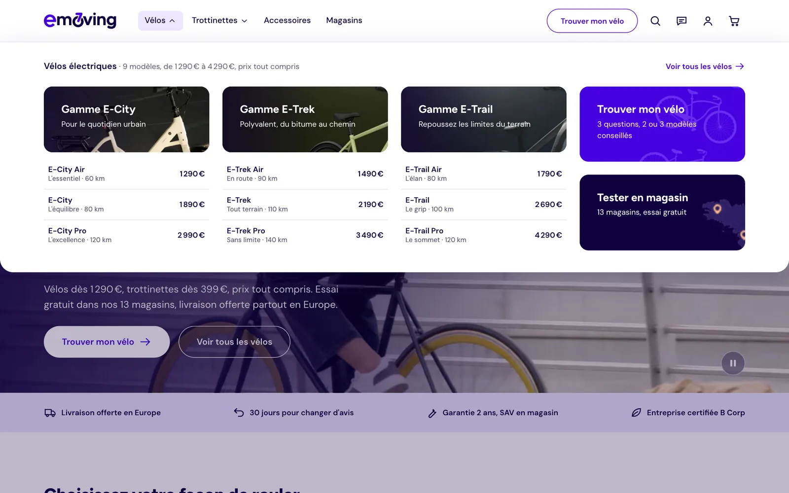 The Bikes mega menu open on the site's home page: three ranges, their models and prices, and two shortcuts, Find my bike and Try in store