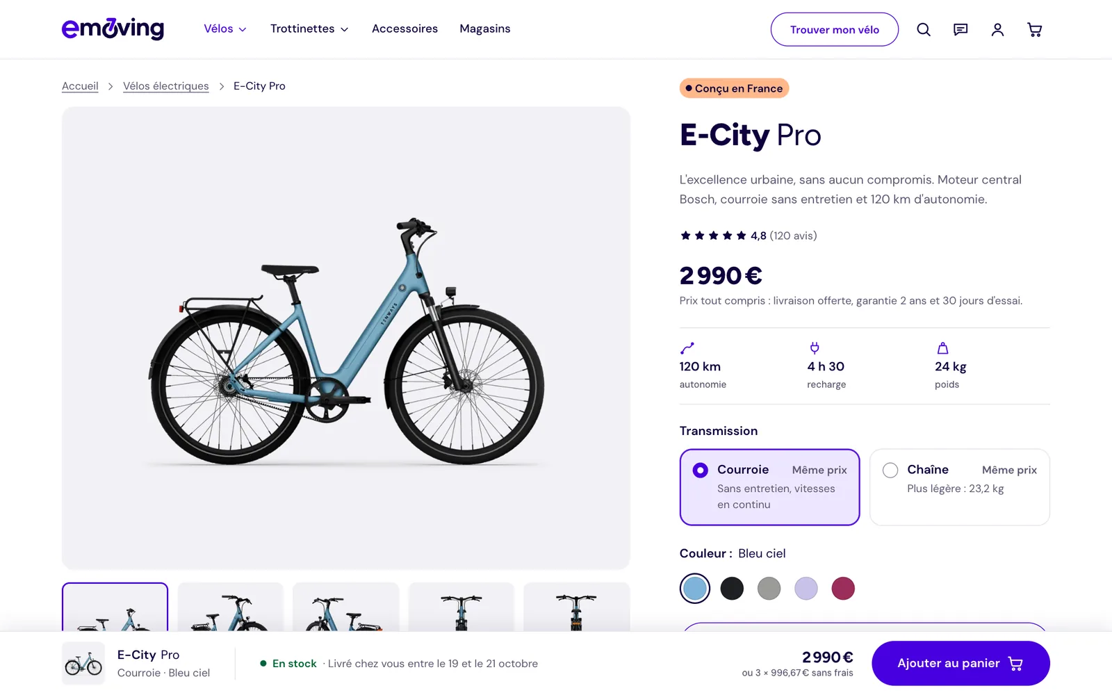 The E-City Pro product page: final price of €2,990, range, charging time and weight, choice of drivetrain and colour, sticky buy bar at the bottom of the screen