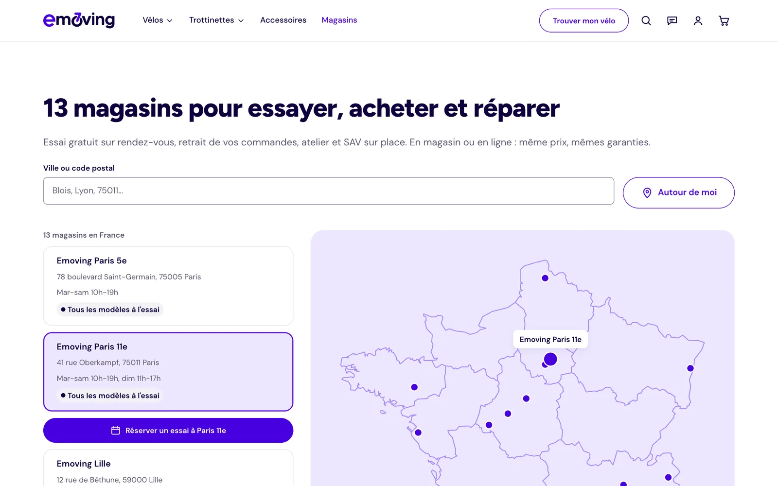 The Stores page: search by city, list of the 13 stores and a map of France, with a button to book a test ride