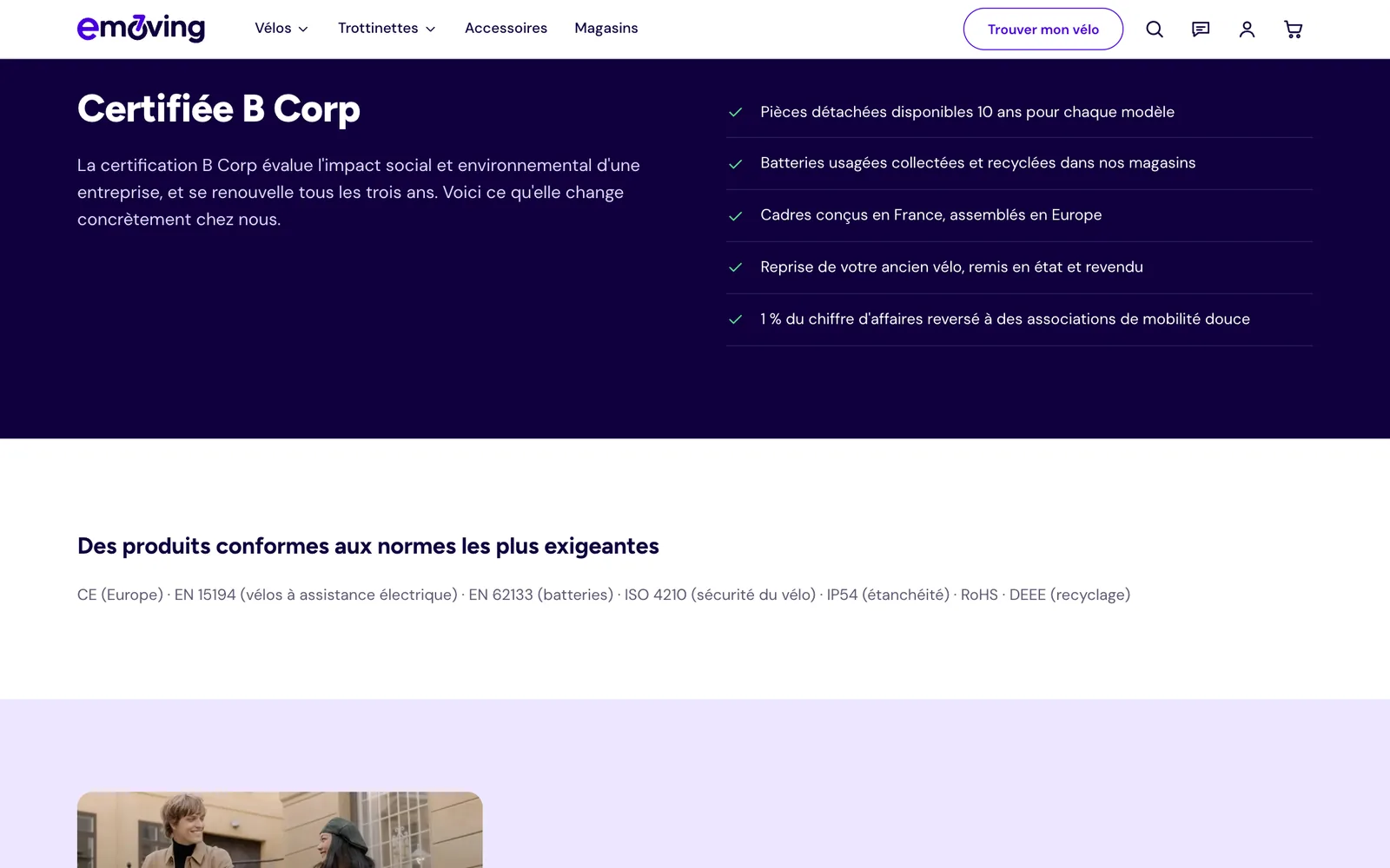The About page: the Certified B Corp block and the list of the brand's commitments