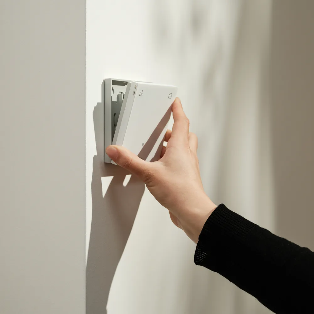 A hand fits the thermostat onto its wall plate