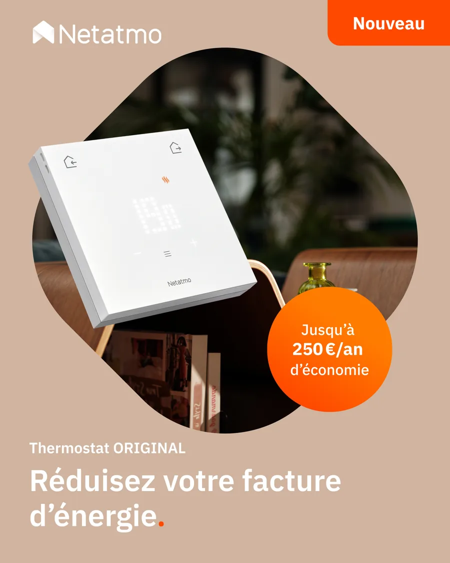 Meta ad for the ORIGINAL Thermostat: beige background, photo of the thermostat in a rounded shape, orange badge with the yearly savings