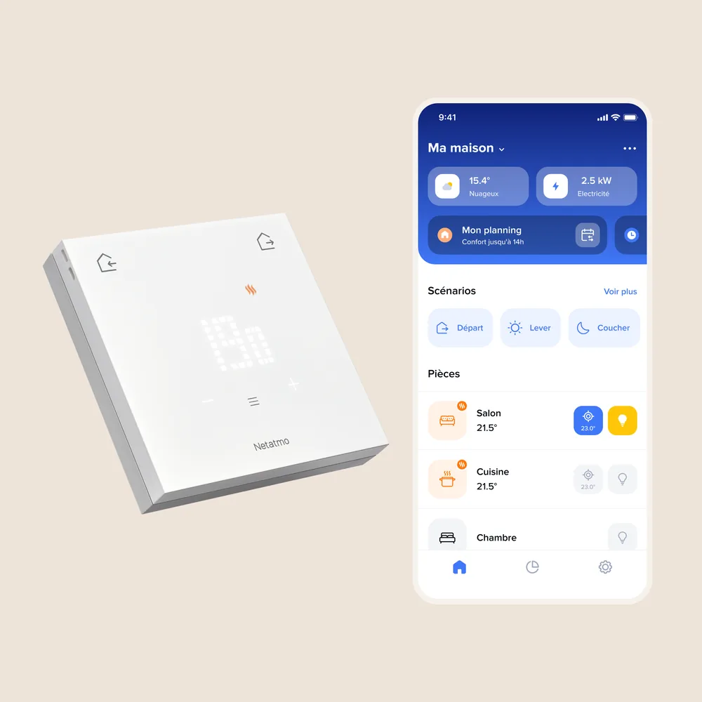 Packshot of the thermostat on a beige background, next to the Netatmo app home screen