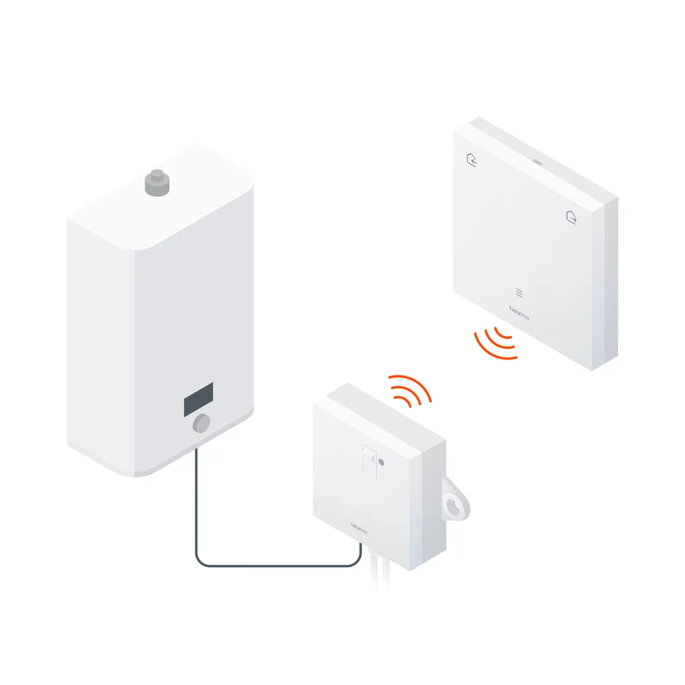 Wireless installation diagram: the boiler, the relay and the thermostat with no cable between them