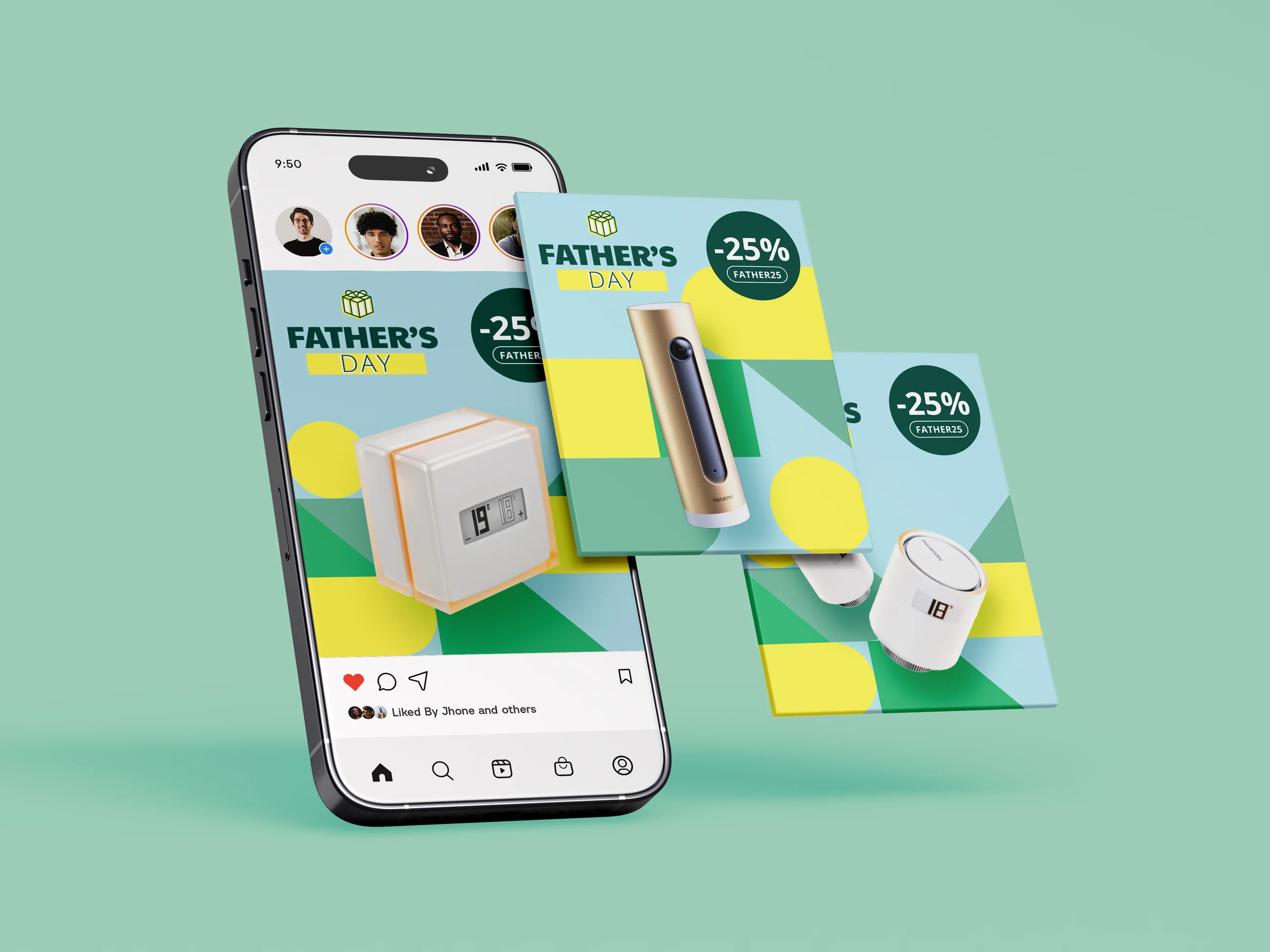 Téléphone affichant un post Instagram Fête des pères Netatmo (thermostat, -25 %, code FATHER25), avec deux autres slides du carrousel qui flottent à côté : caméra intérieure et têtes thermostatiques