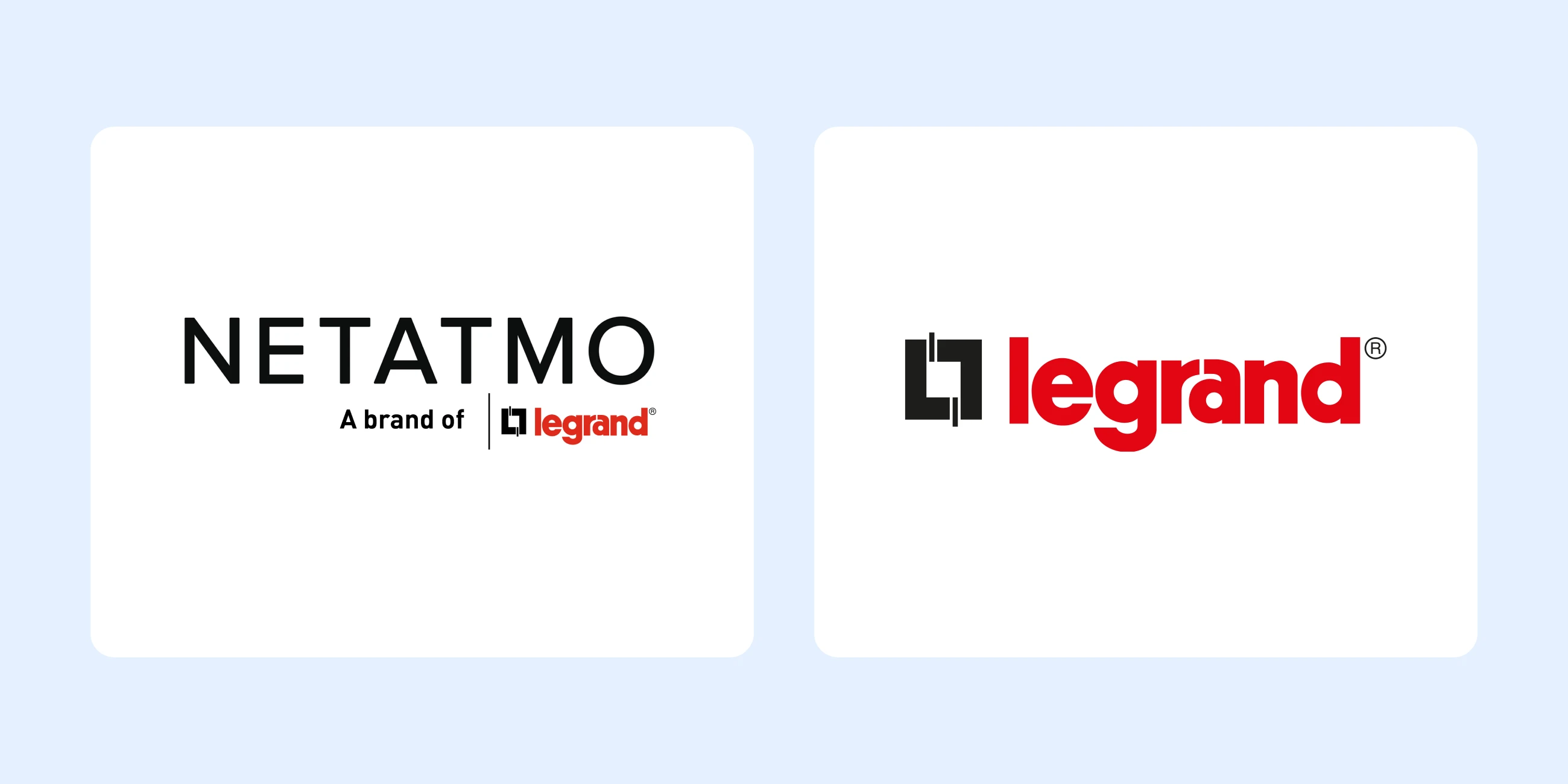 On the left, the old NETATMO logo in thin capitals with “A brand of legrand” underneath; on the right, the much bolder red and black Legrand logo.