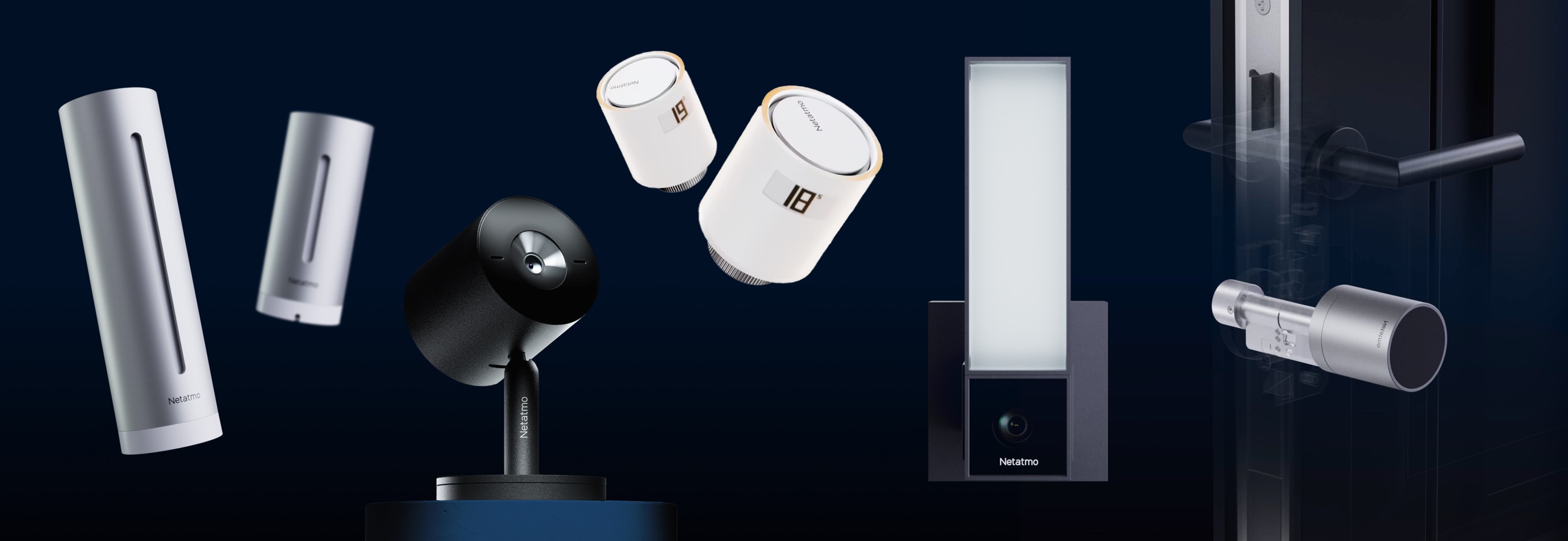 Netatmo products on a midnight-blue background: weather station, indoor and outdoor cameras, smart radiator valves, smart lock