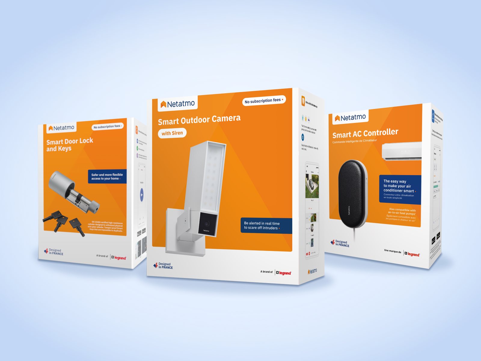 The Smart Door Lock, Smart Outdoor Camera and Smart AC Controller packagings on a light blue studio background