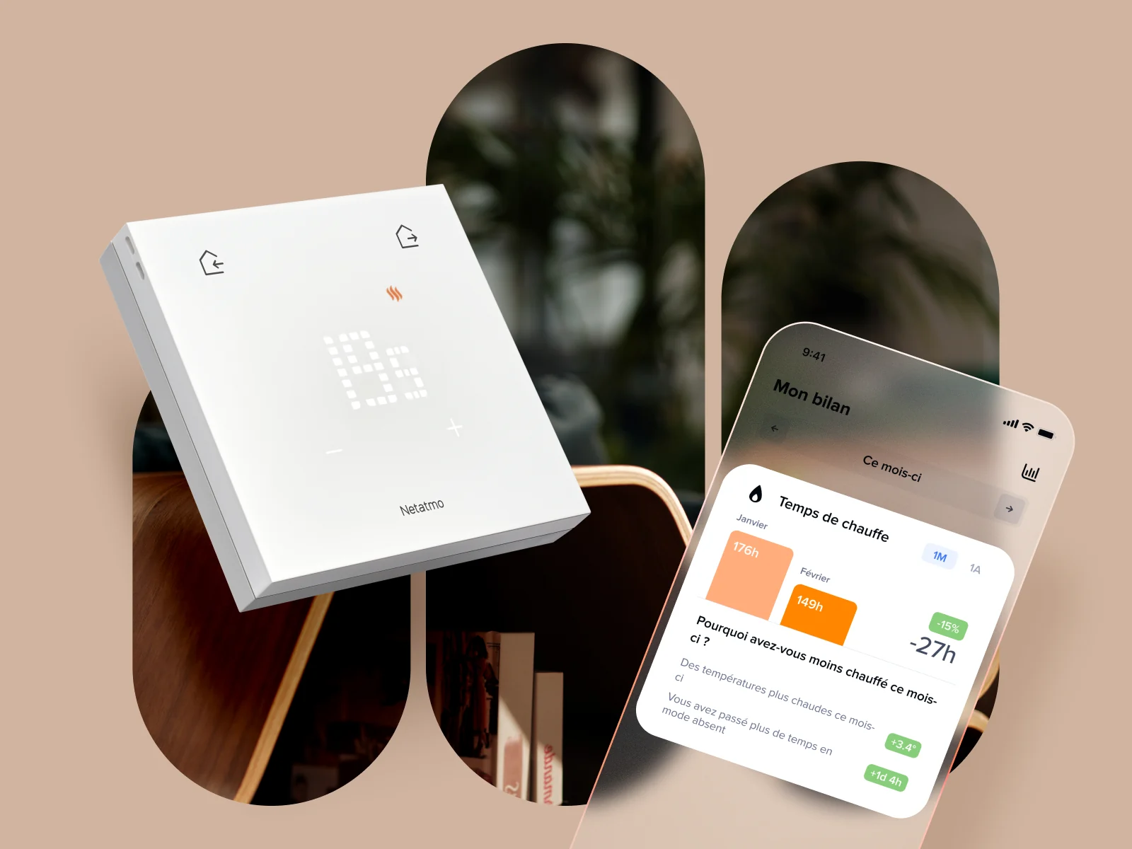 The Netatmo thermostat and its smartphone app, in front of three rounded bands showing an interior