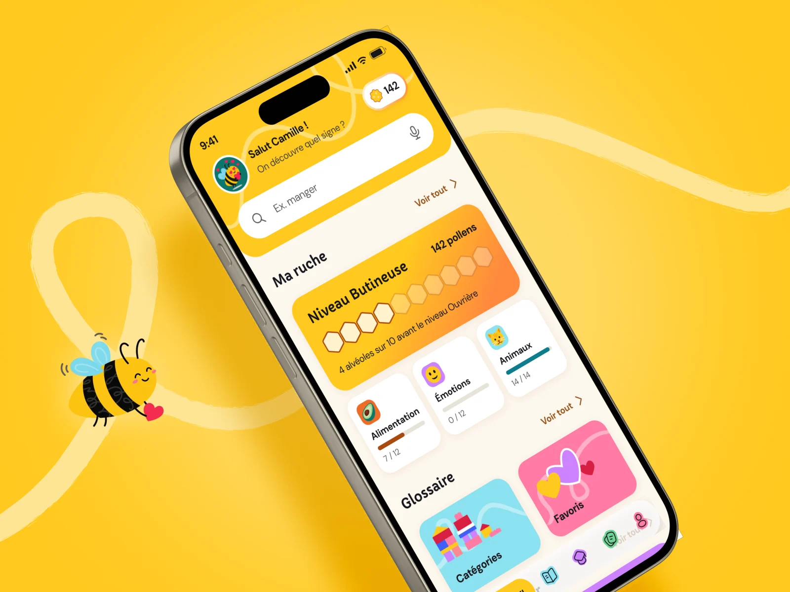The Les Bambinets app home screen on an iPhone, with the bee mascot, on a yellow background