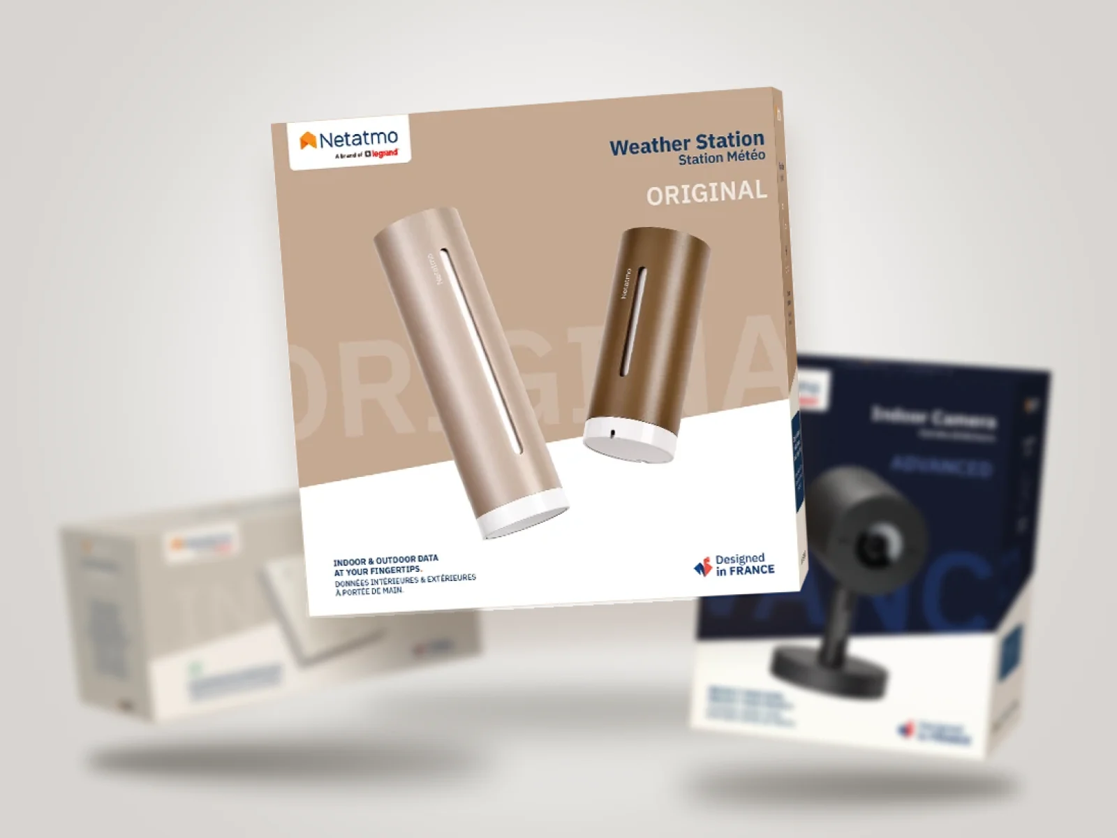 Netatmo packaging for the three ranges, with the Original pack in front