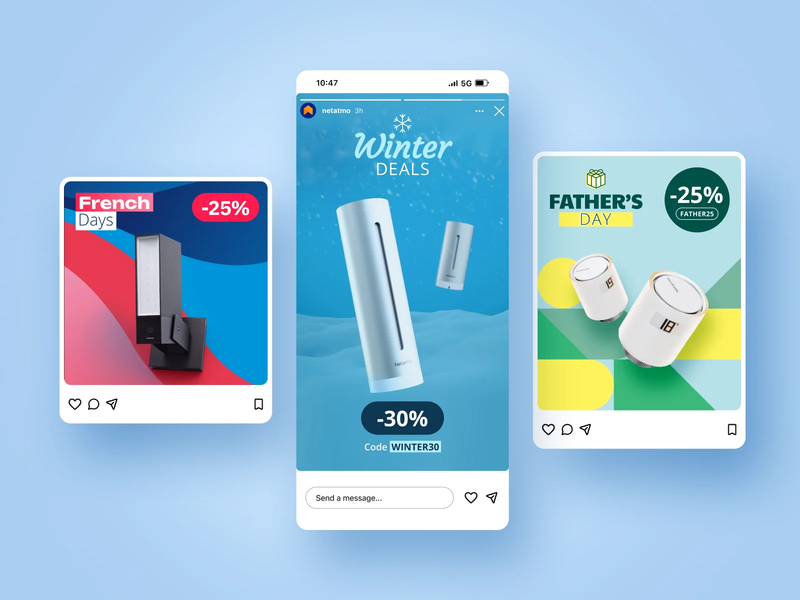 An Instagram story and two posts from Netatmo sales events: Winter Deals, French Days and Father's Day